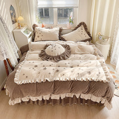 Ihomed Flowers Embroidery Princess Bed Skirt Bedding Set Shaggy Velvet Fleece Ruffles Duvet Cover Quilt Cover Set Bed Sheet Pillowcases