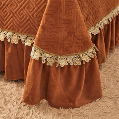 Ihomed Luxury high Quality Solid Color Quilted Crystal Velvet Lace Ruffles Bedspread Bed Skirt Mattress Cover Pillowcases Bedding Set