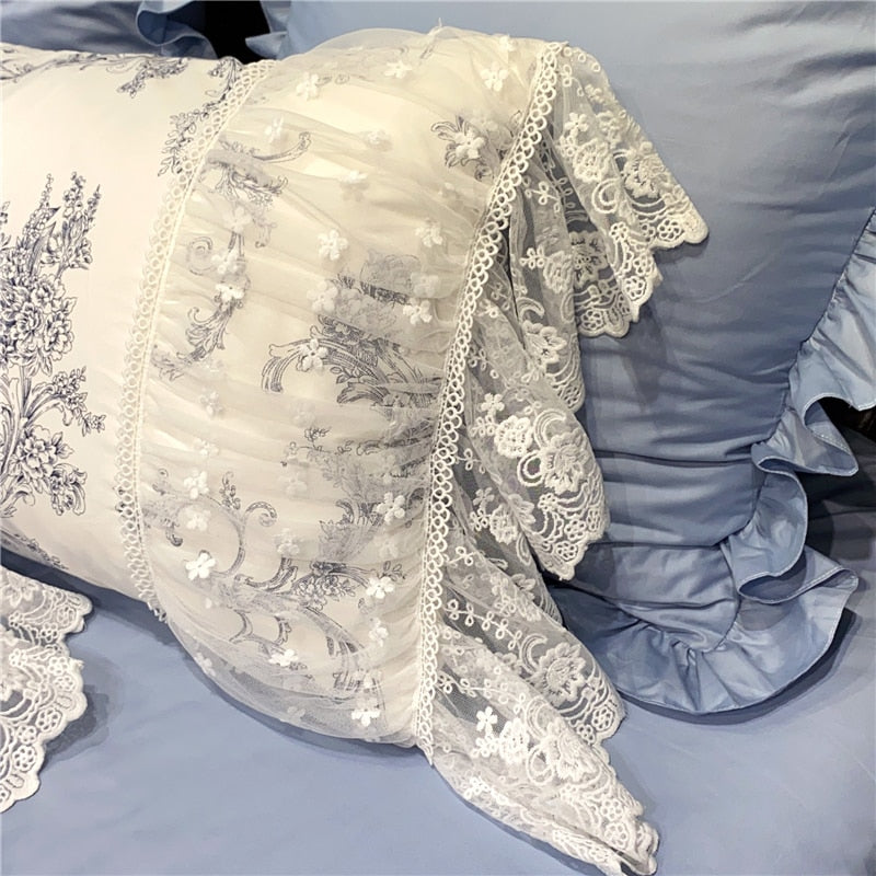 Ihomed French Vintage Rural Floral Princess Bed Skirt Bedding Set Romantic White Lace Edge 400TC Cotton Quilt/Duvet Cover Set Pillowcas