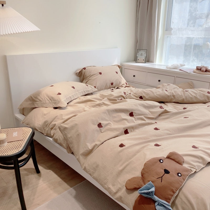 Ihomed Cute Cartoon Brown Bear Embroidery Bedding Set Soft Breathable 400TC Washed Cotton Duvet Cover Quilt Cover Bed Linen Pillowcases