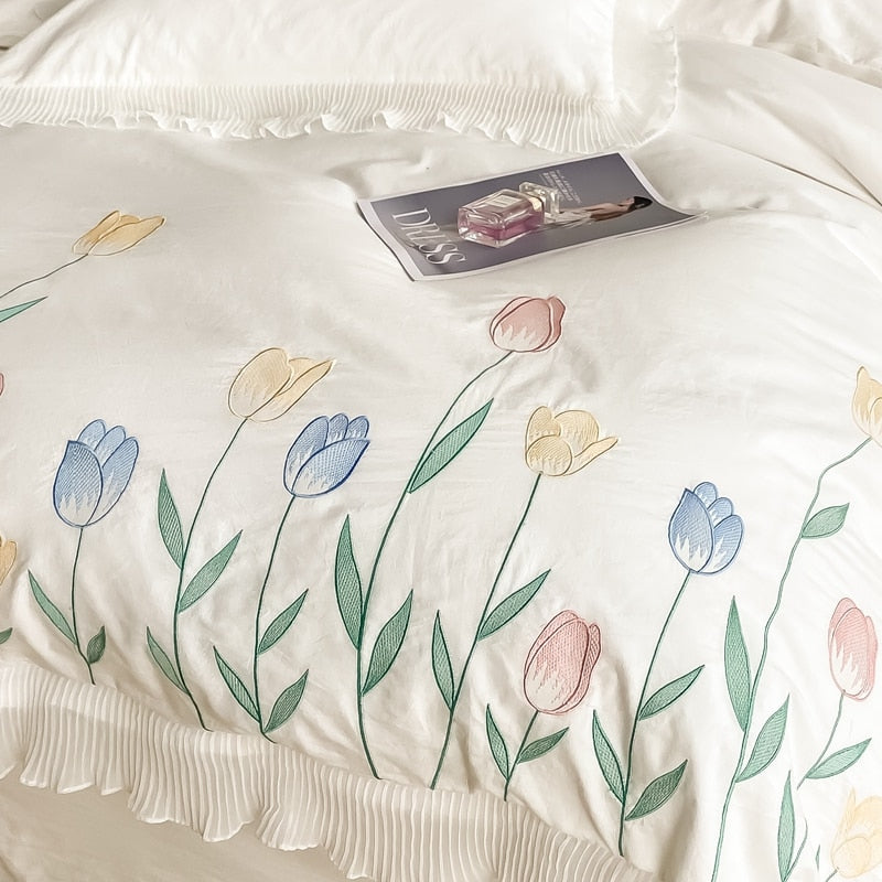 Ihomed Tulip Embroidery Girl Bedding Set 100% Washed Cotton Lace Ruffles Flower Quilt/Duvet Cover Set Bed Linen Fitted Sheet Pillowcase