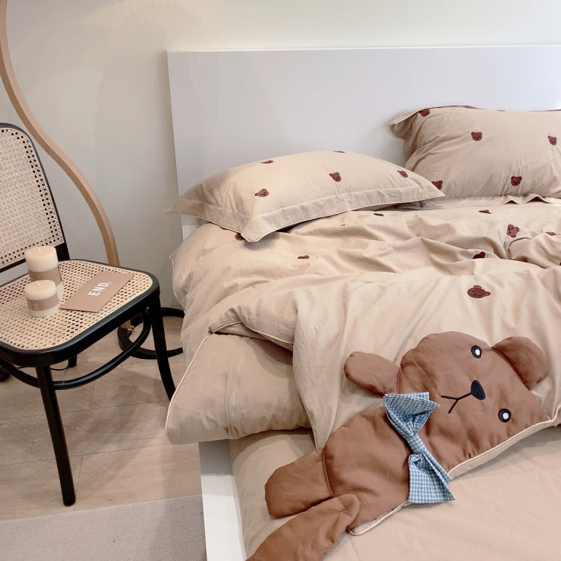 Ihomed Cute Cartoon Brown Bear Embroidery Bedding Set Soft Breathable 400TC Washed Cotton Duvet Cover Quilt Cover Bed Linen Pillowcases