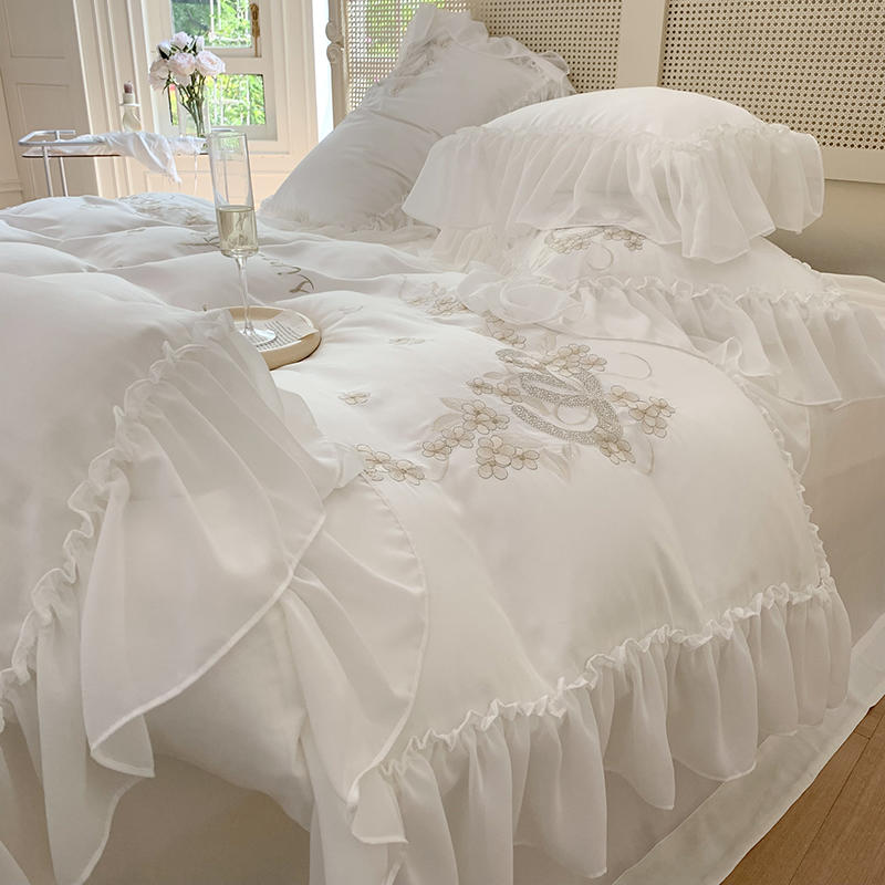 Ihomed Luxury Embroiderd Snow White Lace Bedding Set 4pcs 100% Cotton Korean Princess Wedding Duvet Cover Bed Sheet Linen Pillowcases