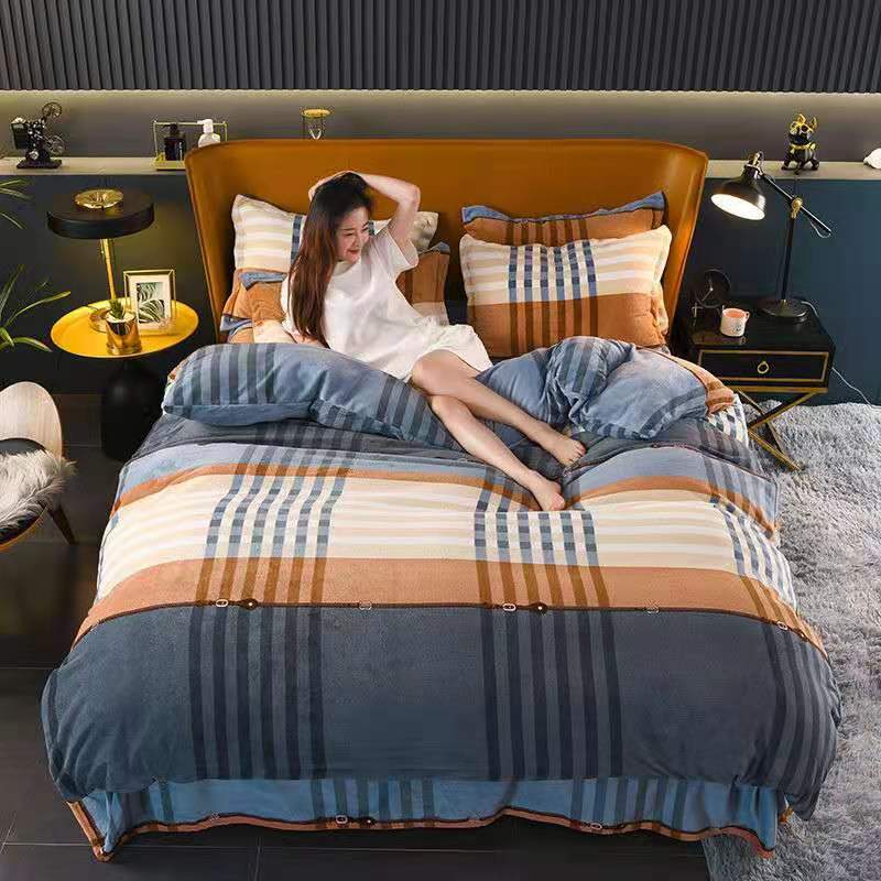 Ihomed 4pcs Set Winter Warm Thicken Short Plush Bedding Set Printing Flannel Duvet Cover Flat Sheet Pillowcase King Queen Bedding Set