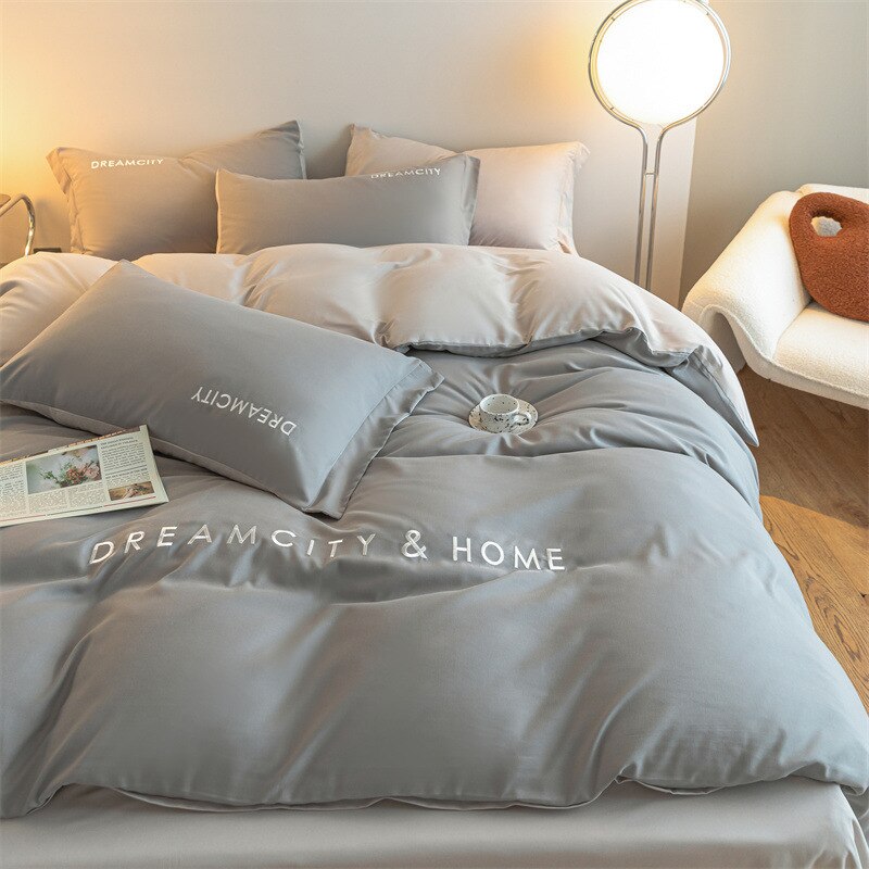 Ihomed Beddings Sets Light Luxury Solid Color Washed Cotton Four-piece Set Pure Cotton Double Embroidery Quilt Cover Cotton Bed Sheet