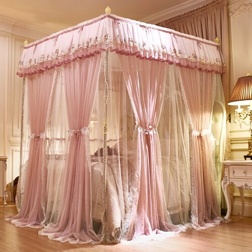 Ihomed Pink Gray Green Double-deck Romantic White Lace Luxury Palac Style Three-door Quadrate Floor-standing Mosquito Net Bedding Set