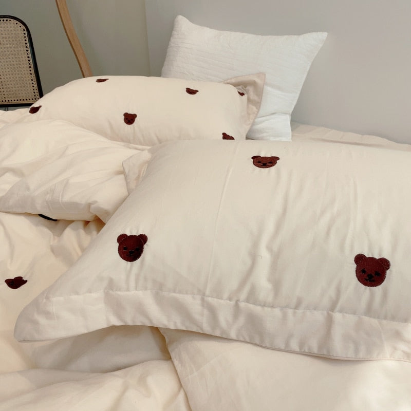 Ihomed Cute Cartoon Brown Bear Embroidery Bedding Set Soft Breathable 400TC Washed Cotton Duvet Cover Quilt Cover Bed Linen Pillowcases