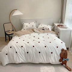 Ihomed Cute Cartoon Brown Bear Embroidery Bedding Set Soft Breathable 400TC Washed Cotton Duvet Cover Quilt Cover Bed Linen Pillowcases