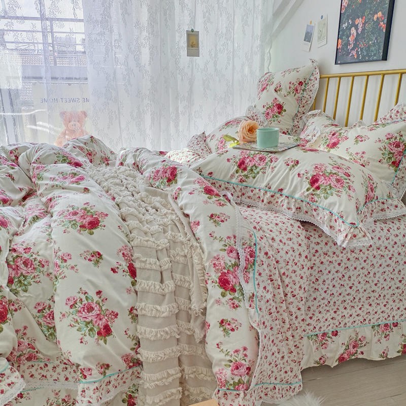 Ihomed 4/6Pcs100%Cotton Bedding Set Vintage Elegant Flowers Duvet cover  with Ruffle soft comfy bed sheet pillowcases Double Queen King