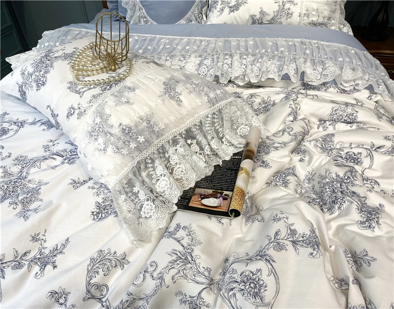 Ihomed French Vintage Rural Floral Princess Bed Skirt Bedding Set Romantic White Lace Edge 400TC Cotton Quilt/Duvet Cover Set Pillowcas