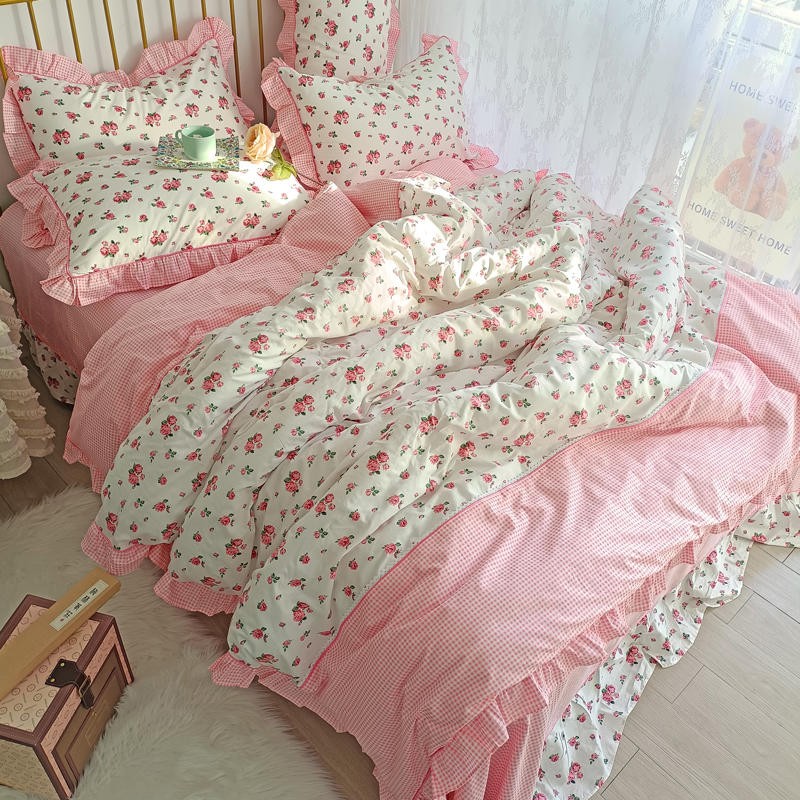 Ihomed 4/6Pcs100%Cotton Bedding Set Vintage Elegant Flowers Duvet cover  with Ruffle soft comfy bed sheet pillowcases Double Queen King