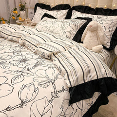 Ihomed 100% Cotton High Quality Black White Flower Modern Four-Piece Set Bedding Sheet Quilt Cover Pillow Cover IG Fashion