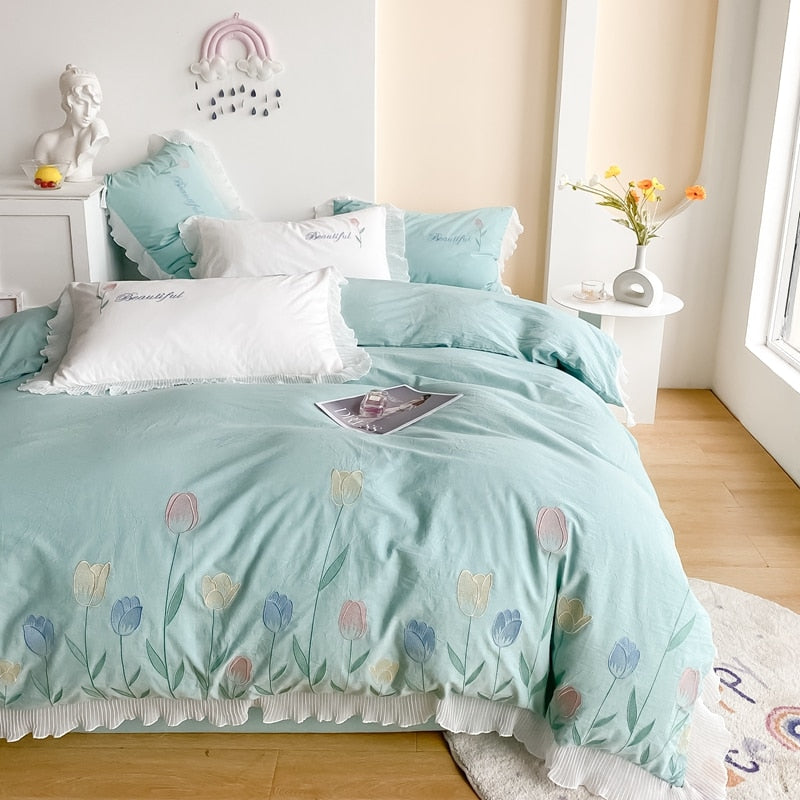 Ihomed Tulip Embroidery Girl Bedding Set 100% Washed Cotton Lace Ruffles Flower Quilt/Duvet Cover Set Bed Linen Fitted Sheet Pillowcase