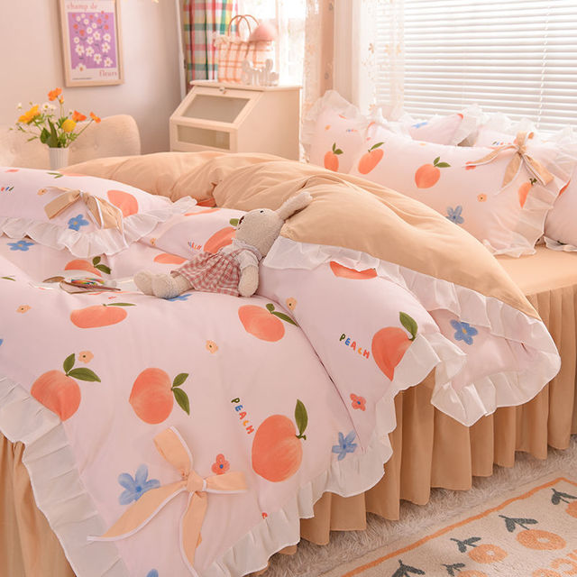 Ihomed Pastoral Style Bedding Set Cotton 3/4pcs Floral Duvet Cover with Pillowcases Cute Flowers Bed Skirtwith Zipper Quilt Cover