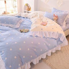 Ihomed New Cotton Bedding set Bed sheet Pillowcase Quilt Cover 4PCS Cute Princess Ruffled Princess Large King Size Full size