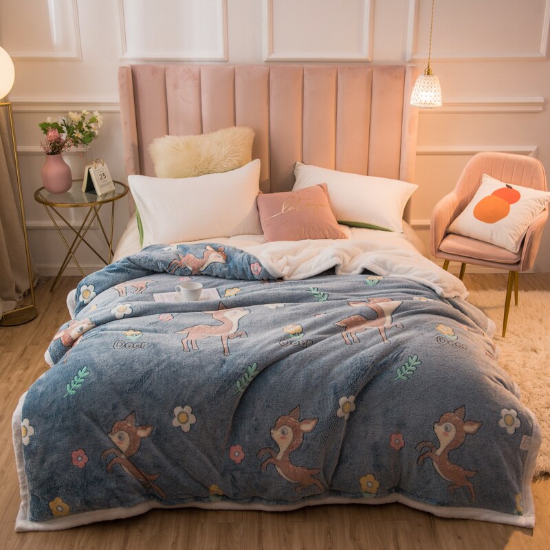 Ihomed 220x230cm 220x240cm Thicken Warm Winter Duvet Cover Lovely Flower Animal Printed Fleece Quilt Cover 1pc Bedding Comforter Case