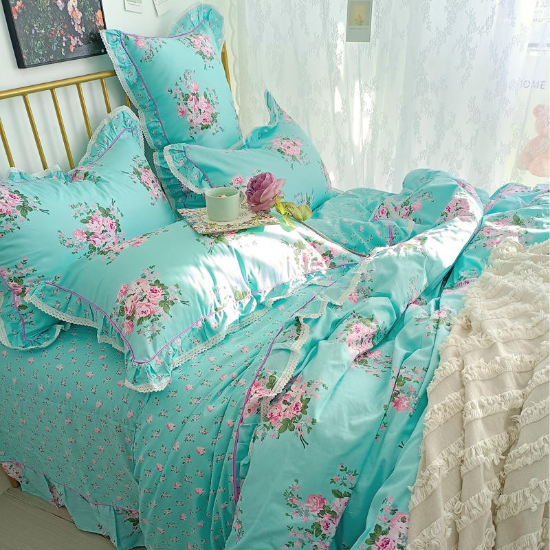 Ihomed 4/6Pcs100%Cotton Bedding Set Vintage Elegant Flowers Duvet cover  with Ruffle soft comfy bed sheet pillowcases Double Queen King