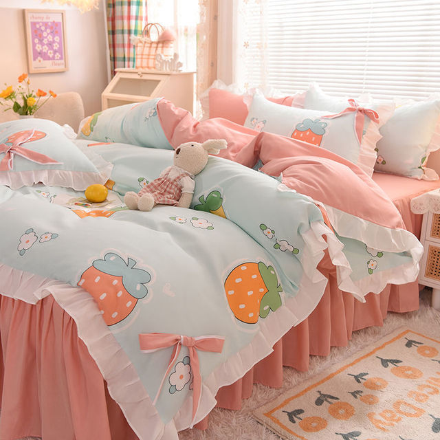 Ihomed Pastoral Style Bedding Set Cotton 3/4pcs Floral Duvet Cover with Pillowcases Cute Flowers Bed Skirtwith Zipper Quilt Cover