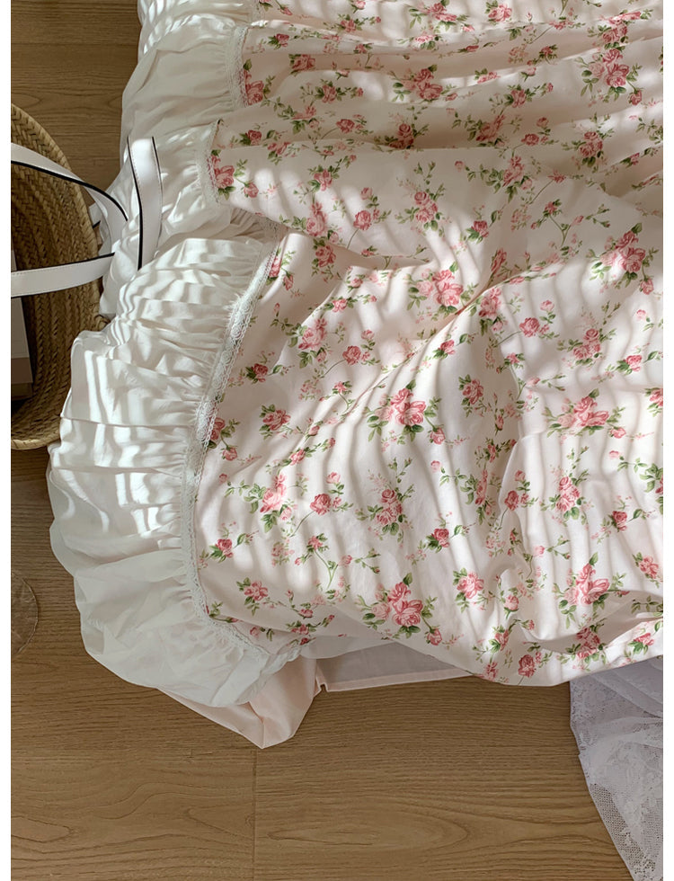 Ihomed Romantic Vintage Floral Cotton Four-Piece Set Princess Pure Cotton Quilt Cover French Bedding