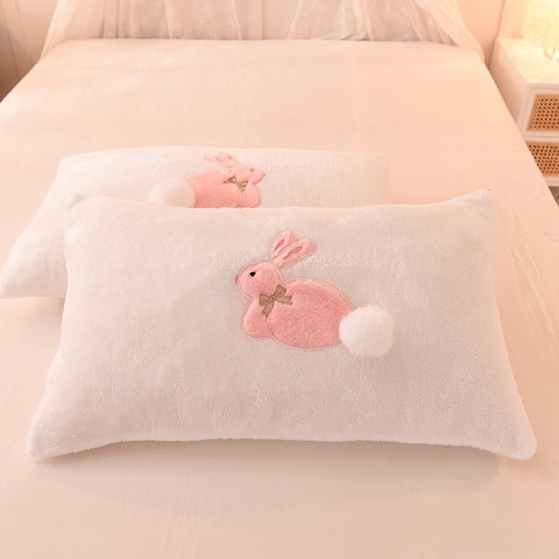 Ihomed Luxury Shaggy Velvet + Berber Fleece Princess Girl Bedding Set Rabbit Embroidery Short Plush Duvet Cover Quilt Cover Bed Linen