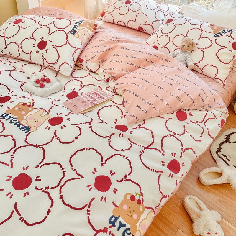 Ihomed Cute Moon Bedding Set For Girl Kawaii Heats Flower Cotton Twin Full Queen Size Bedding Double Fitted Bed Sheet Quilt Duvet Cover