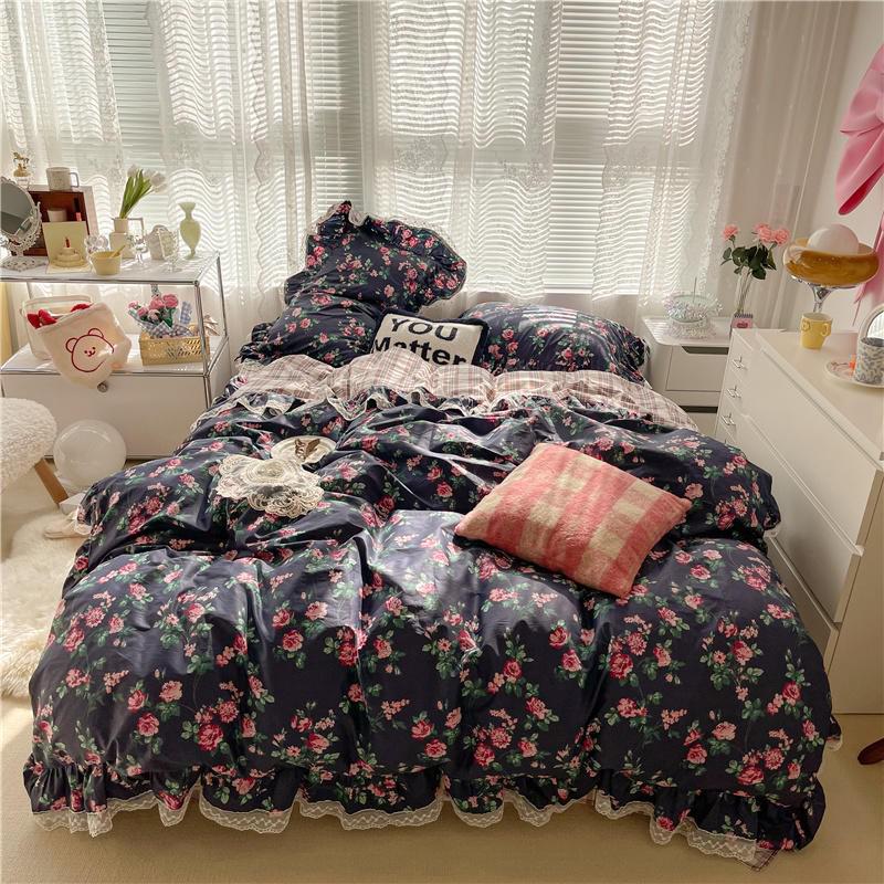 Ihomed 100%Cotton Single Queen Double size Bedding Sets for Girls Vibrant Flowers Down Comforter Cover Zipper Bed Sheet Pillow shams