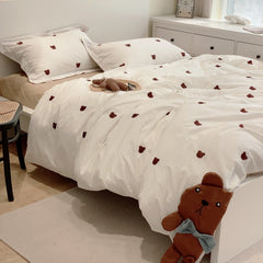 Ihomed Cute Cartoon Brown Bear Embroidery Bedding Set Soft Breathable 400TC Washed Cotton Duvet Cover Quilt Cover Bed Linen Pillowcases