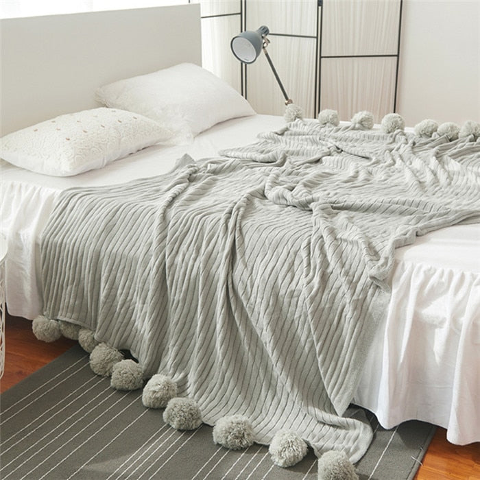 Ihomed Soft Solid Color With Ball Blanket For Beds Sofa100% Cotton Bedding Warm and Lovely Nap Bedspread