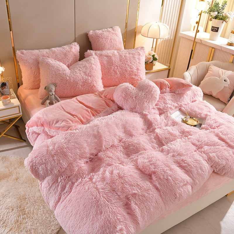 Ihomed Luxury Plush Pure Color Shaggy Warm Fleece Girl Bedding Set Mink Velvet For Home Double Duvet Cover Set Bed Sheet Pillowcase