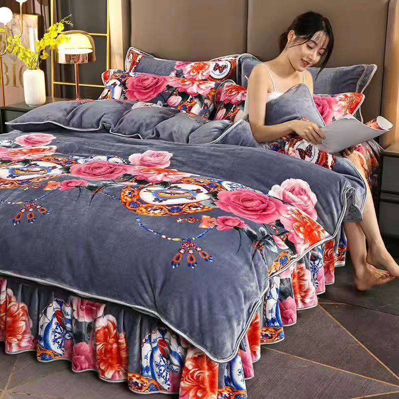 Ihomed 4pcs Set Winter Warm Thicken Short Plush Bedding Set Printing Flannel Duvet Cover Flat Sheet Pillowcase King Queen Bedding Set