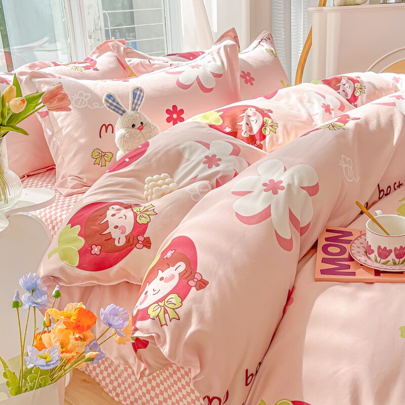 Ihomed Cartoon Style Printed Bedding Sets King Queen Full Sizes Comforter Sets Duvet Cover Bed Flat Sheet Pillowcases for Child Girls