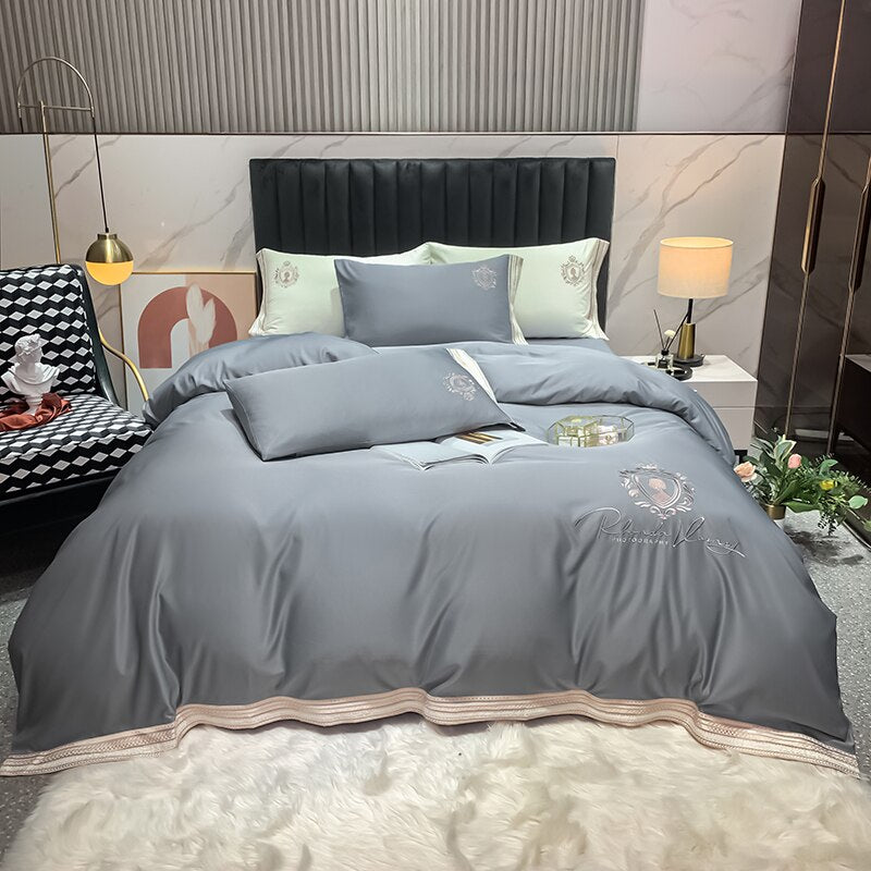 Ihomed Luxury Satin Silky Embroidery Bedding Set Soft Smooth Double Duvet Cover Set Bed Linen Fitted Sheet Pillowcases Home Textiles