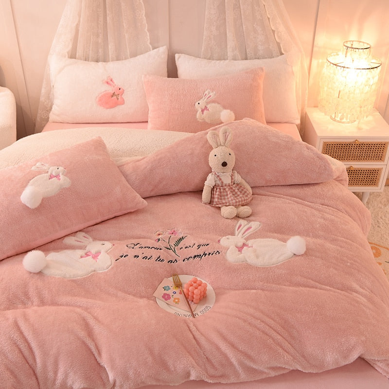 Ihomed Luxury Shaggy Velvet + Berber Fleece Princess Girl Bedding Set Rabbit Embroidery Short Plush Duvet Cover Quilt Cover Bed Linen