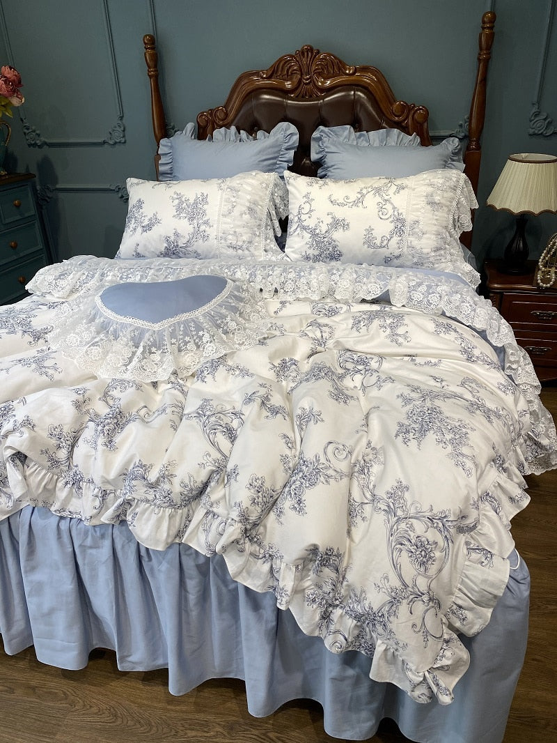 Ihomed French Vintage Rural Floral Princess Bed Skirt Bedding Set Romantic White Lace Edge 400TC Cotton Quilt/Duvet Cover Set Pillowcas