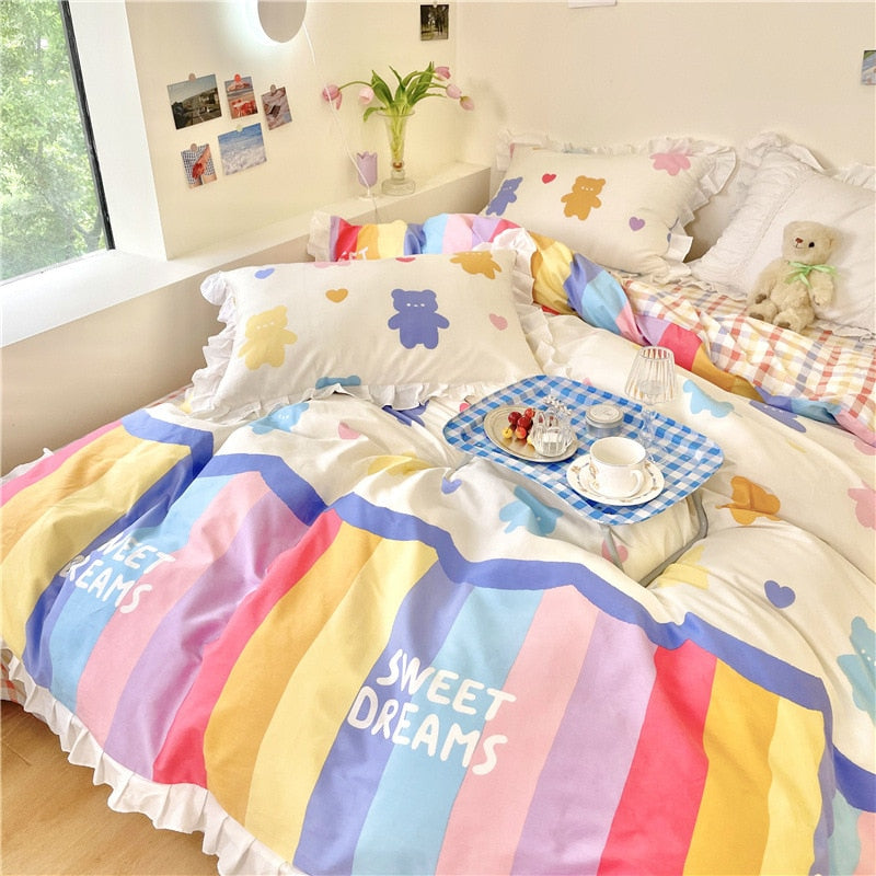 Ihomed Kawaii Peach Bedding Set For Home Cotton Twin Full Queen Size Strawberry Bear Cute Fitted Bed Sheet Pillowcases Duvet Cover