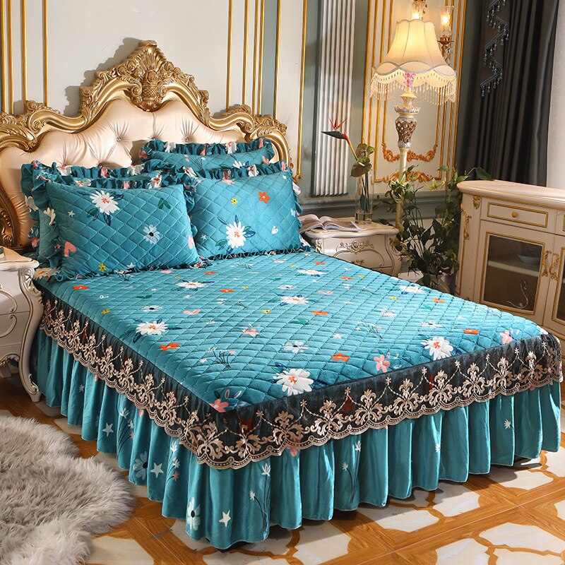 Ihomed Thick Bedspread Warm Velvet Bed Covers Skirt Floral Print Pattern Lace Bedding Queen Bedded Set Mattress Cover Decor Decoration