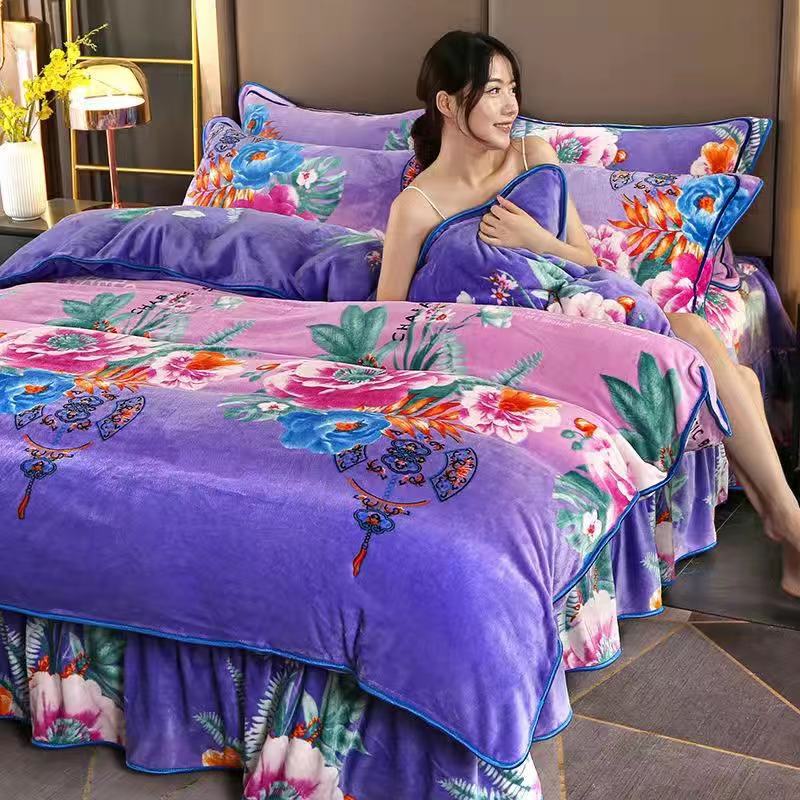 Ihomed 4pcs Set Winter Warm Thicken Short Plush Bedding Set Printing Flannel Duvet Cover Flat Sheet Pillowcase King Queen Bedding Set