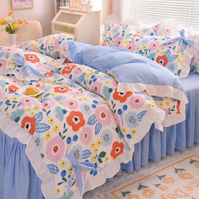 Ihomed Pastoral Style Bedding Set Cotton 3/4pcs Floral Duvet Cover with Pillowcases Cute Flowers Bed Skirtwith Zipper Quilt Cover