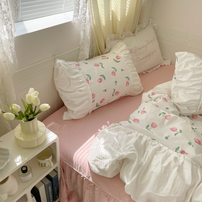 Ihomed 100% Cotton White Pleat Ruffles Patchwork Rose Printing Girl Bedding Set Quilt Cover Set Bed Skirt Flat/Fitted Sheet Pillowcases