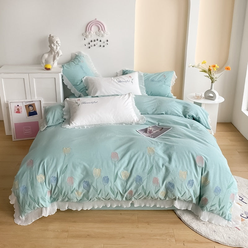 Ihomed Tulip Embroidery Girl Bedding Set 100% Washed Cotton Lace Ruffles Flower Quilt/Duvet Cover Set Bed Linen Fitted Sheet Pillowcase