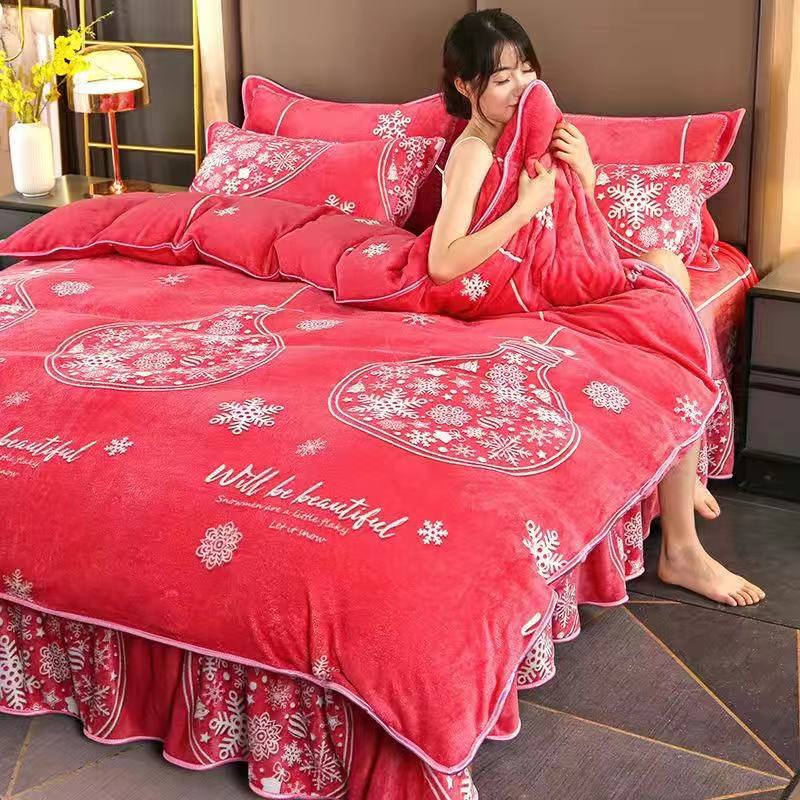 Ihomed 4pcs Set Winter Warm Thicken Short Plush Bedding Set Printing Flannel Duvet Cover Flat Sheet Pillowcase King Queen Bedding Set