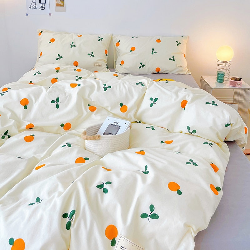 Ihomed 3/4pcs Cute Orange Bedding Set Twin Full Queen Size Quilt Covers Kawaii Animal Fitted Bed Sheet Pillowcase Bedroom Duvet Cover