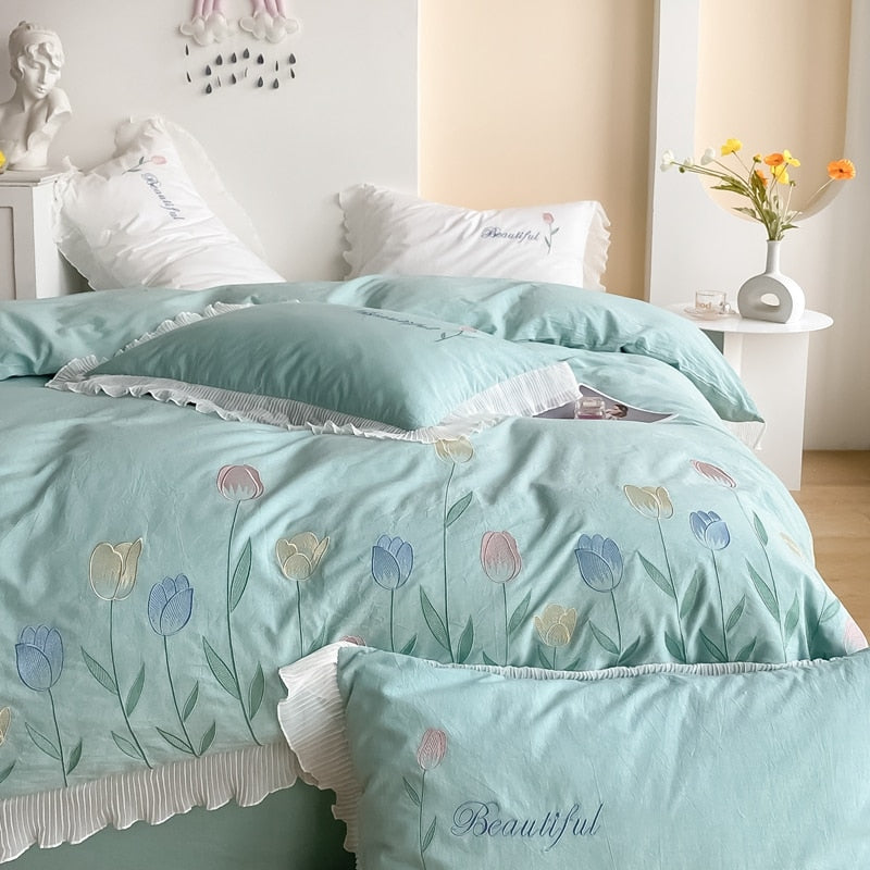 Ihomed Tulip Embroidery Girl Bedding Set 100% Washed Cotton Lace Ruffles Flower Quilt/Duvet Cover Set Bed Linen Fitted Sheet Pillowcase