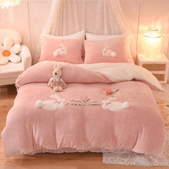 Ihomed Luxury Shaggy Velvet + Berber Fleece Princess Girl Bedding Set Rabbit Embroidery Short Plush Duvet Cover Quilt Cover Bed Linen