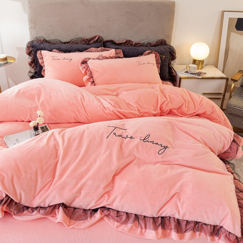 Ihomed Thick Coral Fleece Winter Four-Piece Set Double-Sided with Velvet Quilt Cover Flannel Bed Sheet Bedding Milk Fiber Winter