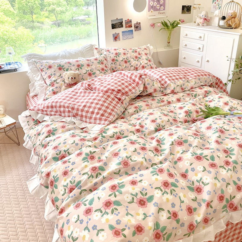 Ihomed Kawaii Peach Bedding Set For Home Cotton Twin Full Queen Size Strawberry Bear Cute Fitted Bed Sheet Pillowcases Duvet Cover