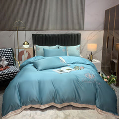 Ihomed Luxury Satin Silky Embroidery Bedding Set Soft Smooth Double Duvet Cover Set Bed Linen Fitted Sheet Pillowcases Home Textiles