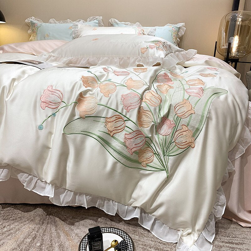 Ihomed Smooth Soft Ice Silk Lace Ruffles Princess Bedding Set Flower Embroidery Quilt Cover Set Bed Linen Pillow Shams Girl  Bedclothes