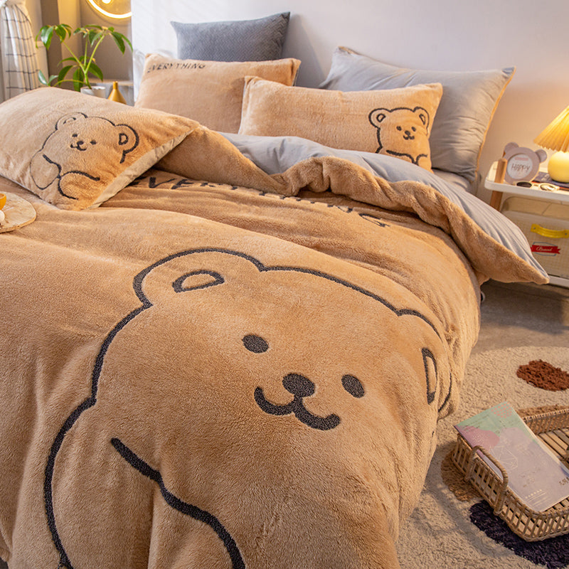 Ihomed Soft Warm Cosy Flannel Velvet Fleece Cartoon Bear Embroidery Child Bedding Set Duvet Cover Flat/Fitted Sheet Pillowcases