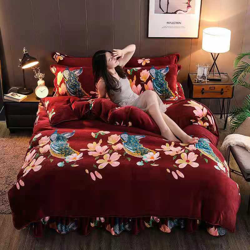 Ihomed 4pcs Set Winter Warm Thicken Short Plush Bedding Set Printing Flannel Duvet Cover Flat Sheet Pillowcase King Queen Bedding Set